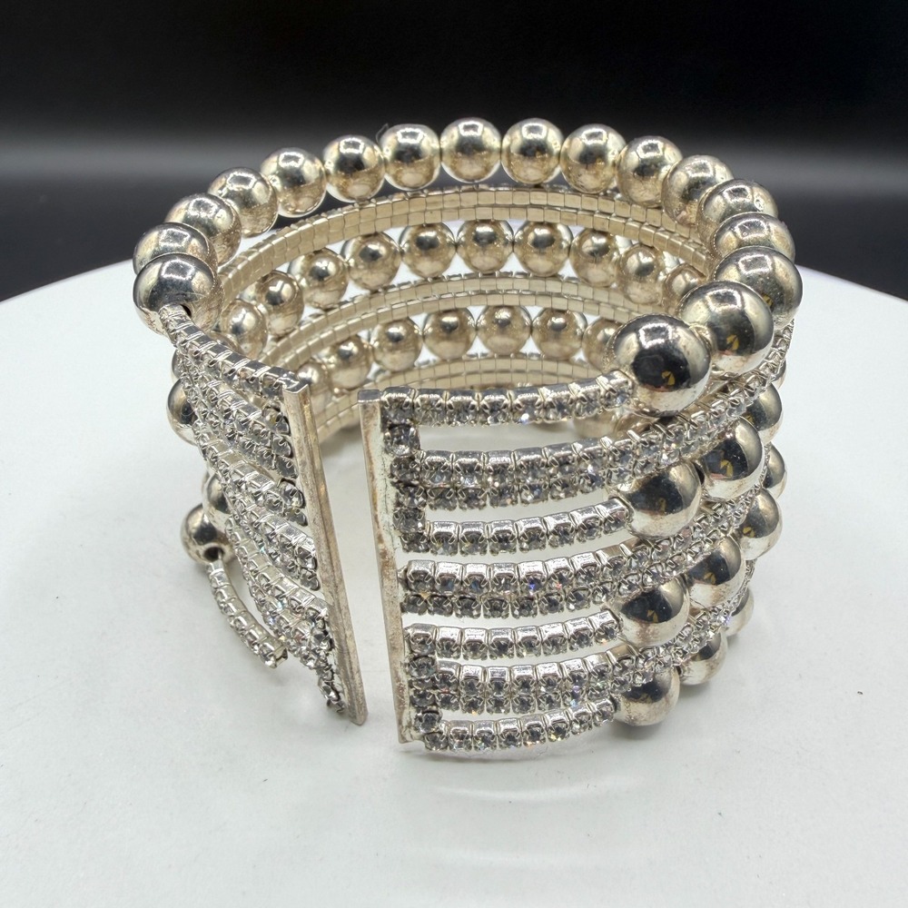 Silver Tone Rhinestone Beaded Multi Row Stretch Cuff Bracelet Statement Jewelry